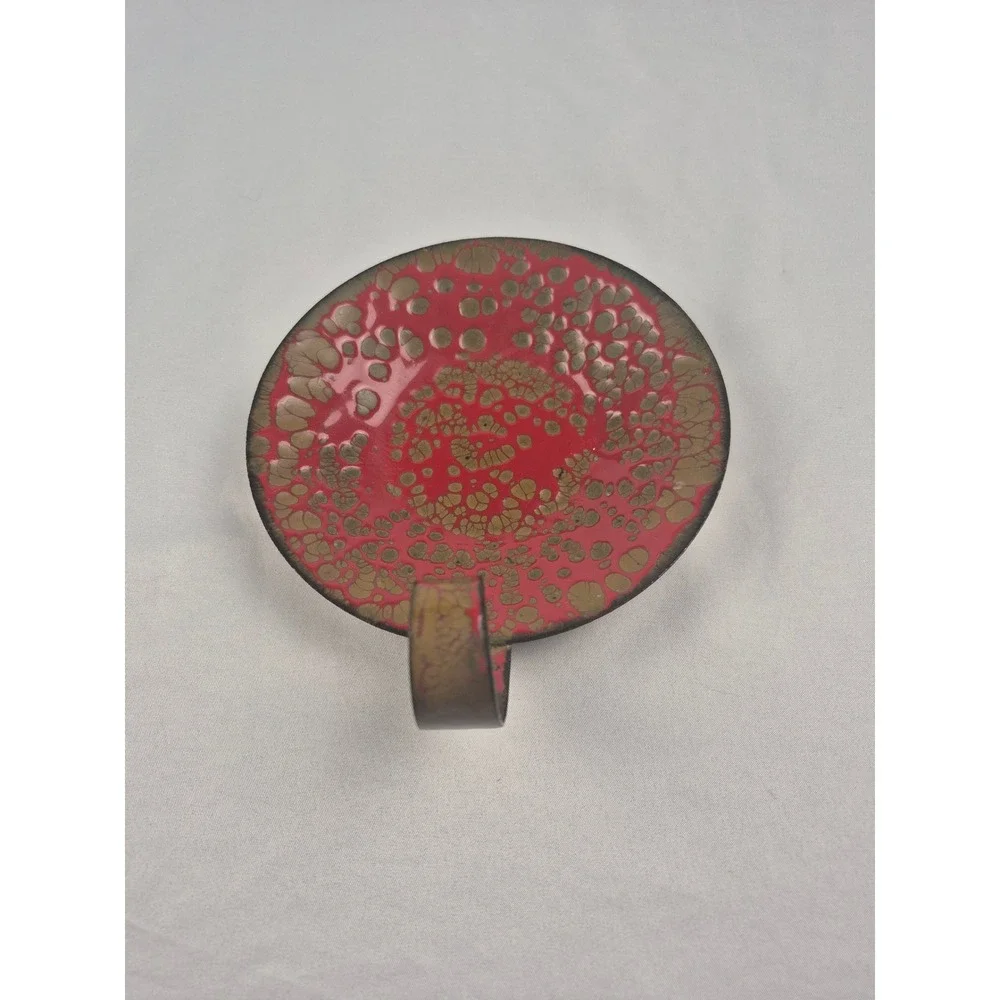 Vintage MCM Enamel Copper Candle Holder Red Gold Lava Glaze Chamberstick 4.5